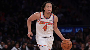 Oct 13, 2025; New York, New York, USA; New York Knicks forward Pacome Dadiet (4) dribbles up court during the first half against the Washington Wizards at Madison Square Garden. Mandatory Credit: Vincent Carchietta-Imagn Images