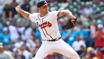Atlanta Braves pitcher Tyler Kinley (45) pitches against the Miami Marlins during the ninth inning at Truist Park.