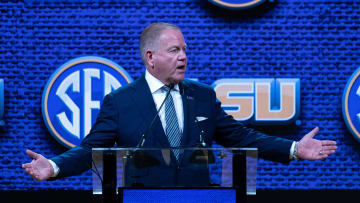 LSU Head Coach Brian Kelly addresses the media at the 2023 SEC Football Kickoff Media Days at the Nashville Grand Hyatt on Broadway, Monday, July 17, 2023.