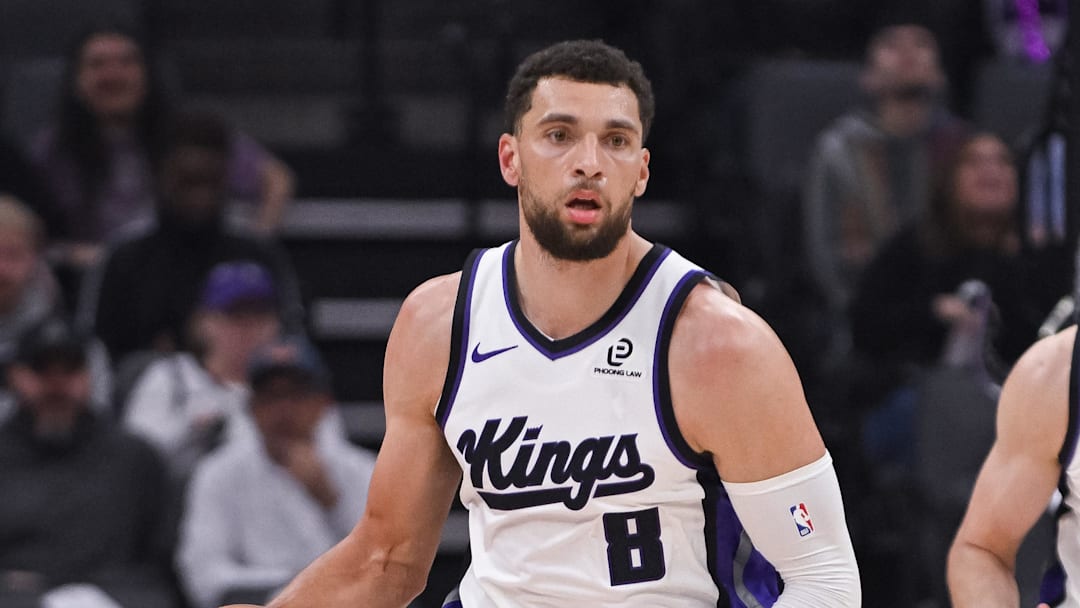 Jan 21, 2026; Sacramento, California, USA; Sacramento Kings guard Zach LaVine (8) pushes the ball up the court during the first quarter of the game against the Toronto Raptors at Golden 1 Center.
