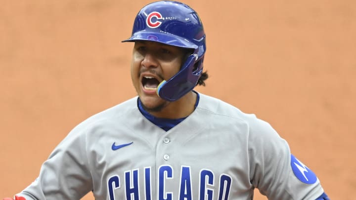 Apr 5, 2026; Cleveland, Ohio, USA; Chicago Cubs catcher Miguel Amaya (9) celebrates his RBI single in the eighth inning against the Cleveland Guardians at Progressive Field. Mandatory Credit: David Richard-Imagn Images