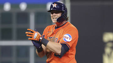May 30, 2025; Houston, Texas, USA; Houston Astros center fielder Jake Meyers (6) reacts after hitting a double during the eighth inning against the Tampa Bay Rays at Daikin Park. Mandatory Credit: Troy Taormina-Imagn Images