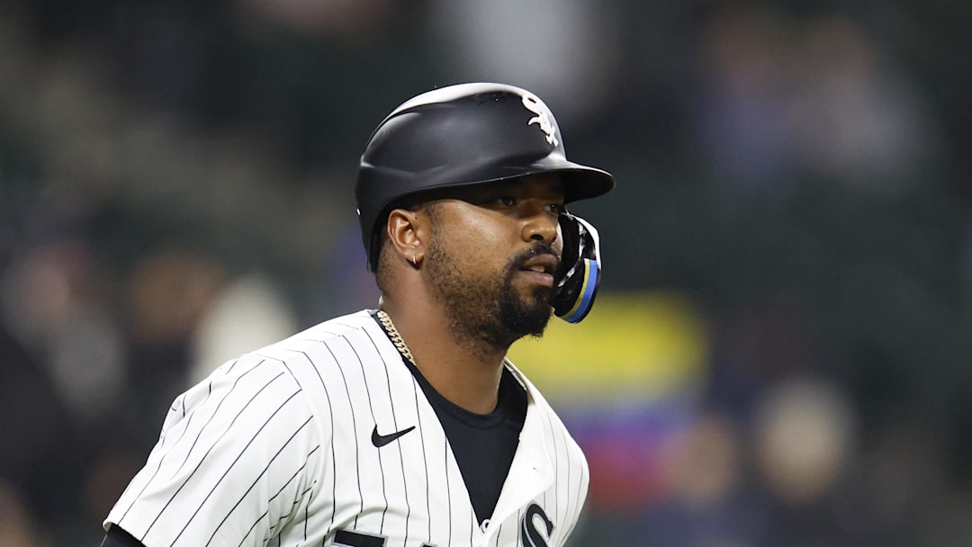 Apr 26, 2024; Chicago, Illinois, USA; Chicago White Sox designated hitter Eloy Jimenez (74) rounds the bases after hitting a two-run home run against the Tampa Bay Rays during the seventh inning at Guaranteed Rate Field. Mandatory Credit: Kamil Krzaczynski-Imagn Images