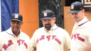 Adrian Beltre, Todd Helton and Joe Mauer (from left) visited the National Baseball Hall of Fame's plaque gallery in Cooperstown, New York, Thursday, Jan. 25, 2024, as the museum's newest electees. The trio's selection was announced Tuesday by the Baseball Writers Association of America.