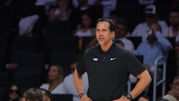Apr 28, 2025; Miami, Florida, USA; Miami Heat head coach Erik Spoelstra looks on from the sideline against the Cleveland Cavaliers in the second quarter during game four for the first round of the 2025 NBA Playoffs at Kaseya Center. Mandatory Credit: Sam Navarro-Imagn Images