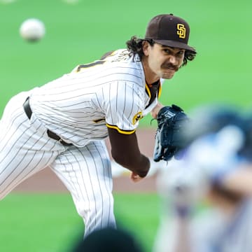 Sep 13, 2025; San Diego, California, USA; San Diego Padres starting pitcher Dylan Cease (84) throws a pitch during the first inning against the Colorado Rockies at Petco Park. Mandatory Credit: David Frerker-Imagn Images