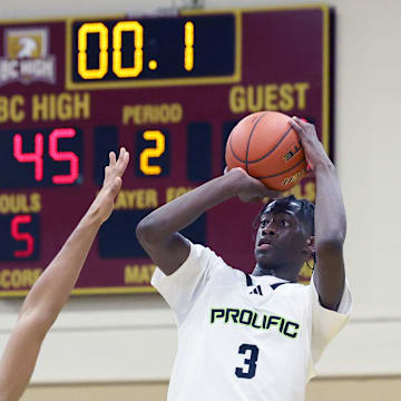 Prolific Prep's AJ Dybantsa takes a half court shot at the basket during a game on Orangeville Prep on Wednesday, Jan. 10, 2024.