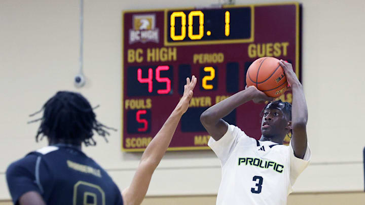 Prolific Prep's AJ Dybantsa takes a half court shot at the basket during a game on Orangeville Prep on Wednesday, Jan. 10, 2024.