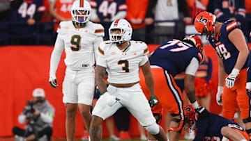 Nov 30, 2024; Syracuse, New York, USA; Miami Hurricanes defensive lineman Akheem Mesidor (3) reacts after a play against the Syracuse Orange during the first half at the JMA Wireless Dome. Mandatory Credit: Rich Barnes-Imagn Images