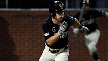 Vanderbilt’s Ryker Waite (51) runs to fist base during the third inning of an NCAA college baseball fall intrasquad game at Hawkins Field Tuesday, Oct. 22, 2024, in Nashville, Tenn.