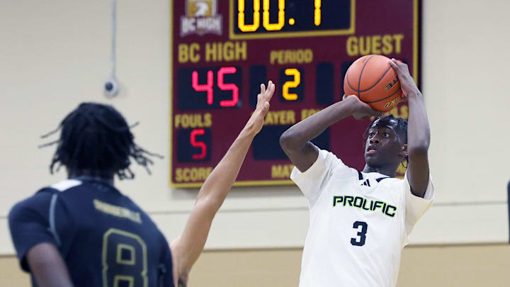 Prolific Prep's AJ Dybantsa takes a half court shot at the basket during a game on Orangeville Prep on Wednesday, Jan. 10, 2024.