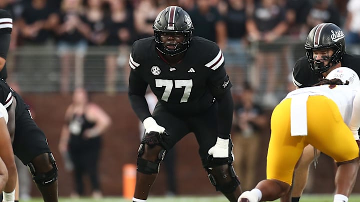 Sep 6, 2025; Starkville, Mississippi, USA; Mississippi State Bulldogs offensive lineman Jayvin James (77) waits for the snap during the first quarter against the Arizona State Sun Devils at Davis Wade Stadium at Scott Field. Mandatory Credit: Petre Thomas-Imagn Images