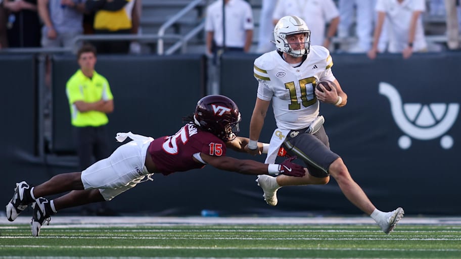 Oct 11, 2025; Atlanta, Georgia, USA; Georgia Tech Yellow Jackets QB Haynes King runs the ball against Virginia Tech Hokies