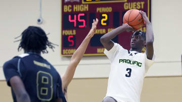 Prolific Prep's AJ Dybantsa takes a half court shot at the basket during a game on Orangeville Prep on Wednesday, Jan. 10, 2024.