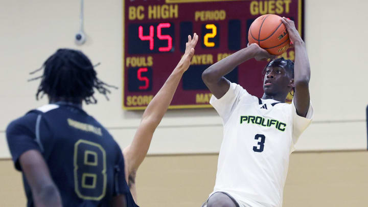 Prolific Prep's AJ Dybantsa takes a half court shot at the basket during a game on Orangeville Prep on Wednesday, Jan. 10, 2024.