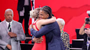 Jun 25, 2025; Brooklyn, NY, USA;  Collin Murray-Boyles embraces girlfriend Chloe Kitts after being selected as the ninth pick by the Toronto Raptors in the first round of the 2025 NBA Draft at Barclays Center. Mandatory Credit: Brad Penner-Imagn Images