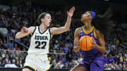 Apr 1, 2024; Albany, NY, USA; LSU Lady Tigers forward Angel Reese (10) controls the ball against
