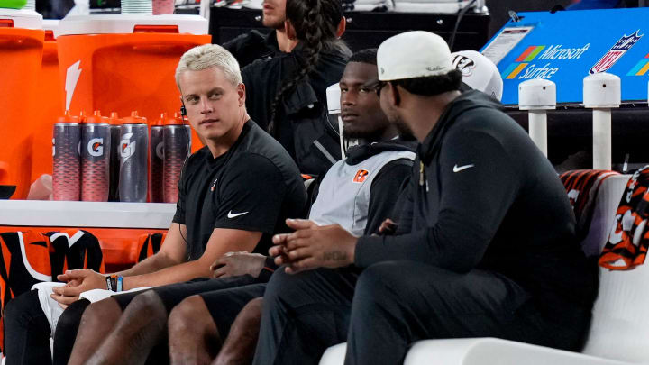 Cincinnati Bengals quarterback Joe Burrow (9) sits on the bench in the third quarter of the NFL Preseason Week 1 game between the Cincinnati Bengals and the Tampa Bay Buccaneers at Paycor Stadium in downtown Cincinnati on Saturday, Aug. 10, 2024. The Tampa Bay Buccaneers beat the Bengals 17-14.