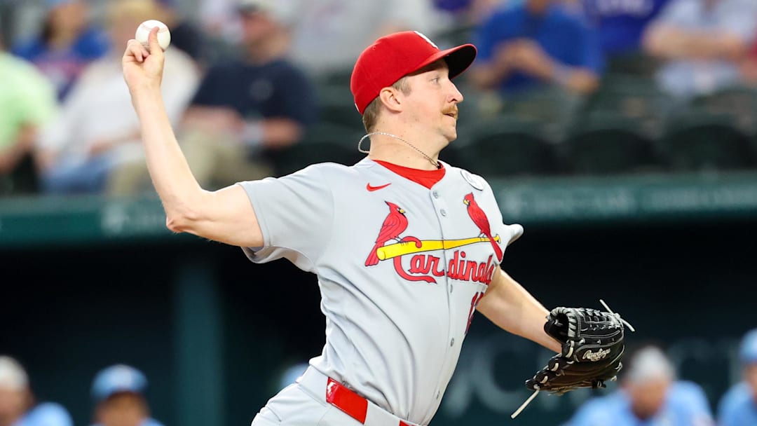 Jun 1, 2025; Arlington, Texas, USA; St. Louis Cardinals starting pitcher Erick Fedde (12) throws during the first inning against the Texas Rangers at Globe Life Field. Mandatory Credit: Kevin Jairaj-Imagn Images