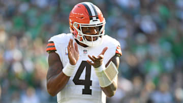 Oct 13, 2024; Philadelphia, Pennsylvania, USA; Cleveland Browns quarterback Deshaun Watson (4) against the Philadelphia Eagles during the fourth quarter at Lincoln Financial Field. Mandatory Credit: Eric Hartline-Imagn Images