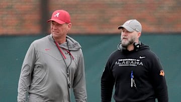 Mar 5, 2025; Tuscaloosa, AL, USA; Head coach Kalen DeBoer and Offensive Coordinator Ryan Grubb watch the offense work during Spring Practice for the Crimson Tide.