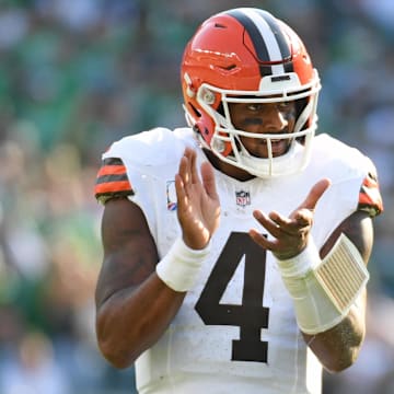 Oct 13, 2024; Philadelphia, Pennsylvania, USA; Cleveland Browns quarterback Deshaun Watson (4) against the Philadelphia Eagles during the fourth quarter at Lincoln Financial Field. Mandatory Credit: Eric Hartline-Imagn Images
