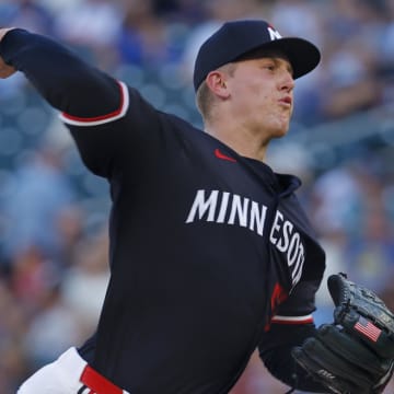 Minnesota Twins starting pitcher Zebby Matthews (52) throws to the Toronto Blue Jays in the first inning at Target Field in Minneapolis on Aug. 31, 2024.