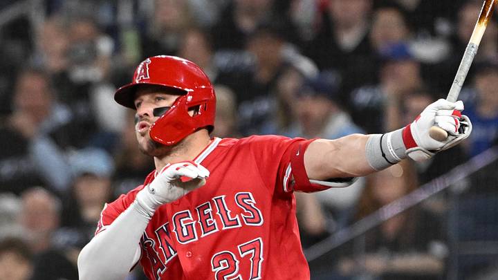 May 8, 2026; Toronto, Ontario, CAN;  Los Angeles Angels center fielder Mike Trout (27) reacts after striking out swinging in the first inning against the Toronto Blue Jays at Rogers Centre. Mandatory Credit: Dan Hamilton-Imagn Images