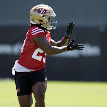 Jun 11, 2025; Santa Clara, CA, USA; San Francisco 49ers running back Jordan James (29) catches a pass during a team OTA at Levi's Stadium. Mandatory Credit: D. Ross Cameron-Imagn Images