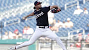 Jun 19, 2024; Washington, District of Columbia, USA; Washington Nationals closing pitcher Kyle Finnegan (67) pitches against the Arizona Diamondbacks during the ninth inning at Nationals Park.