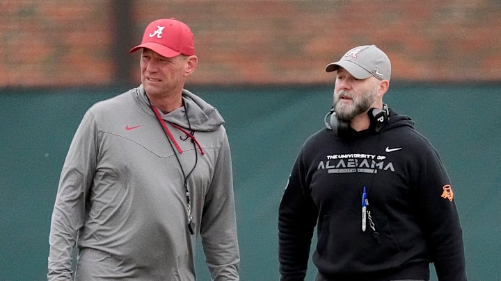 Head coach Kalen DeBoer and Offensive Coordinator Ryan Grubb watch the offense work during Spring Practice for the Crimson Tide. Head coach Kalen DeBoer and Offensive Coordinator Ryan Grubb watch the offense work during Spring Practice for the Crimson Tide.