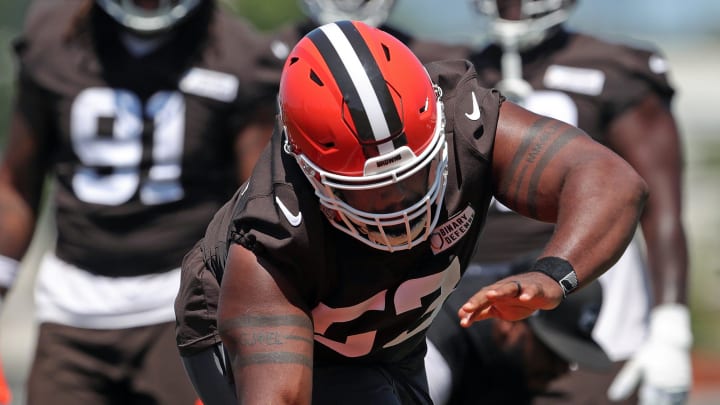 Browns defensive tackle Jowon Briggs runs drills during minicamp, Wednesday, June 12, 2024, in Berea.