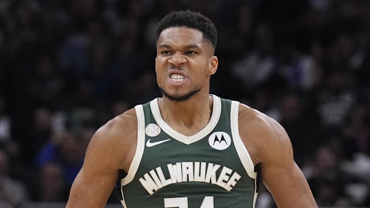 Milwaukee Bucks forward Giannis Antetokounmpo (34) celebrates a dunk against the Washington Wizards in the second half at Fiserv Forum on October 22, 2025.