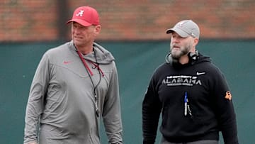 Mar 5, 2025; Tuscaloosa, AL, USA; Head coach Kalen DeBoer and Offensive Coordinator Ryan Grubb watch the offense work during Spring Practice for the Crimson Tide.