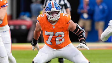 October 26, 2025: Denver Broncos offensive tackle Garett Bolles (72) looks to make a block in the second half of the football game between the Denver Broncos and Dallas Cowboys.