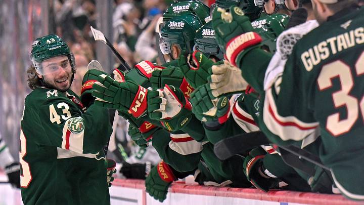 Apr 30, 2026; Saint Paul, Minnesota, USA; Minnesota Wild defensemen Quinn Hughes (43) celebrates his second goal of the night against the Dallas Stars during the third period in game six of the first round of the 2026 Stanley Cup Playoffs at Grand Casino Arena. Mandatory Credit: Nick Wosika-Imagn Images
