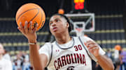 Mar 20, 2024; Pittsburgh, PA, USA; South Carolina Gamecocks forward Collin Murray-Boyles (30) receives the ball during the NCAA first round practice session at PPG Paints Arena. Mandatory Credit: Gregory Fisher-Imagn Images