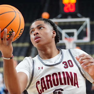 Mar 20, 2024; Pittsburgh, PA, USA; South Carolina Gamecocks forward Collin Murray-Boyles (30) receives the ball during the NCAA first round practice session at PPG Paints Arena. Mandatory Credit: Gregory Fisher-Imagn Images