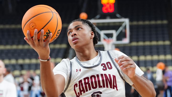 Mar 20, 2024; Pittsburgh, PA, USA; South Carolina Gamecocks forward Collin Murray-Boyles (30) receives the ball during the NCAA first round practice session at PPG Paints Arena. Mandatory Credit: Gregory Fisher-Imagn Images