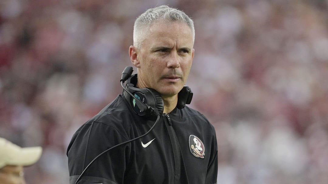 Aug 30, 2025; Tallahassee, Florida, USA; Florida State Seminoles head coach Mike Norvell reacts after a play against the Alabama Crimson Tide during the second half at Doak S. Campbell Stadium. Mandatory Credit: Melina Myers-Imagn Images