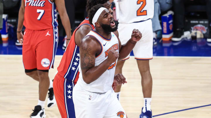 Apr 20, 2024; New York, New York, USA; New York Knicks center Mitchell Robinson (23) after being called for a foul in the fourth quarter against the Philadelphia 76ers in game one of the first round for the 2024 NBA playoffs at Madison Square Garden. Mandatory Credit: Wendell Cruz-USA TODAY Sports