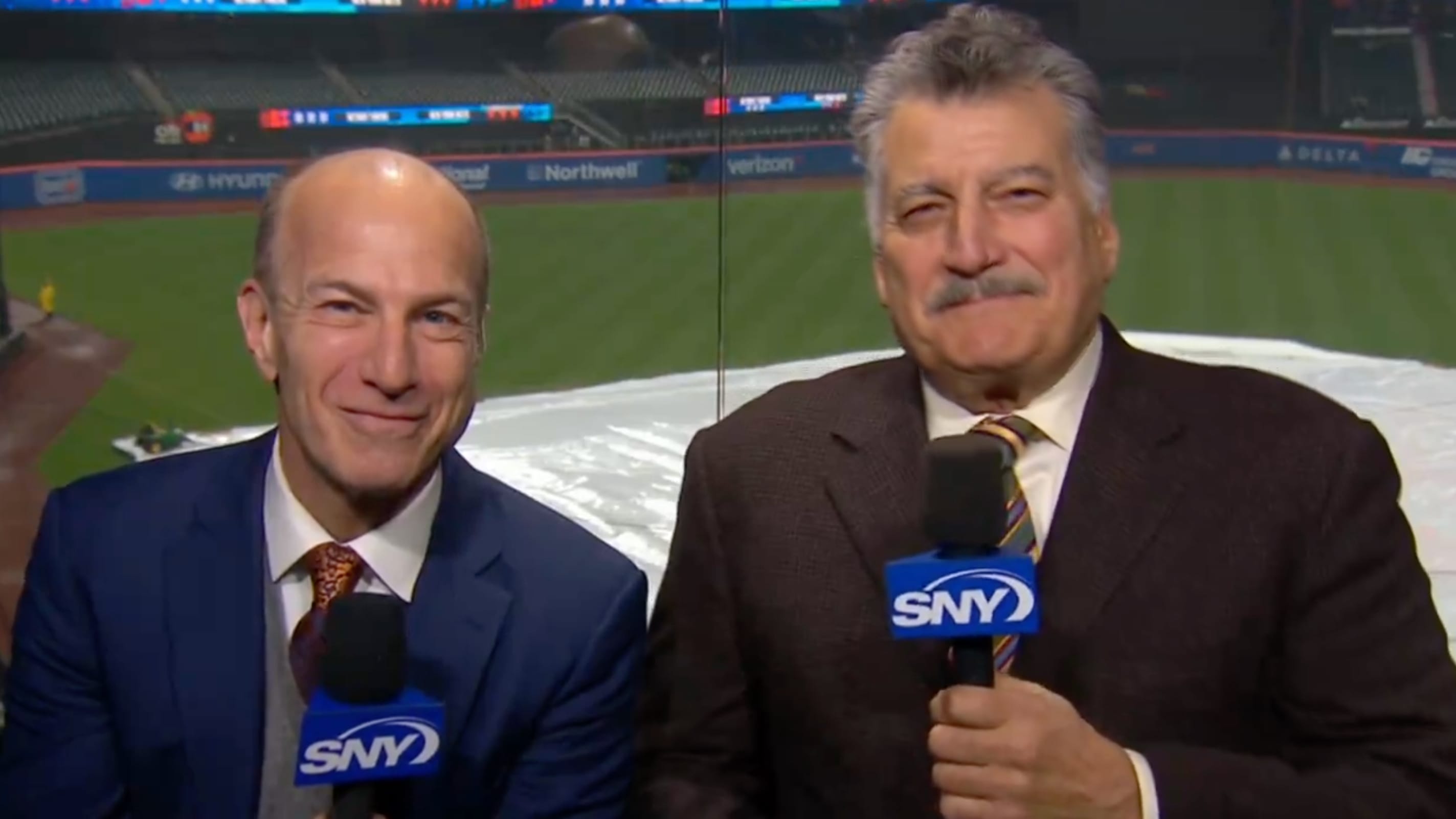 Mets broadcasters Gary Cohen and Keith Hernandez on the call.