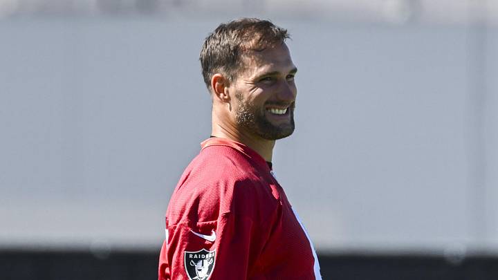 Las Vegas Raiders quarterback Kirk Cousins looks on during organized team activities.
