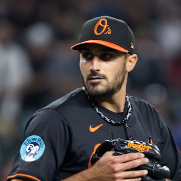 Apr 7, 2025; Phoenix, Arizona, USA; Baltimore Orioles pitcher Zach Eflin against the Arizona Diamondbacks at Chase Field. Mandatory Credit: Mark J. Rebilas-Imagn Images