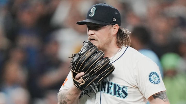 Oct 16, 2025; Seattle, Washington, USA; Seattle Mariners pitcher Gabe Speier (55) reacts after throwing against the Toronto Blue Jays in the third inning during game four of the ALCS round for the 2025 MLB playoffs at T-Mobile Park. Mandatory Credit: Stephen Brashear-Imagn Images