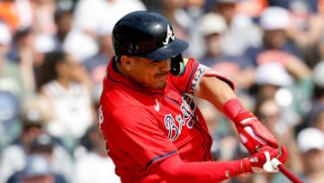 Sep 20, 2025; Detroit, Michigan, USA;  Atlanta Braves shortstop Nacho Alvarez Jr. (67) hits a home run in the third inning against the Detroit Tigers at Comerica Park. Mandatory Credit: Rick Osentoski-Imagn Images