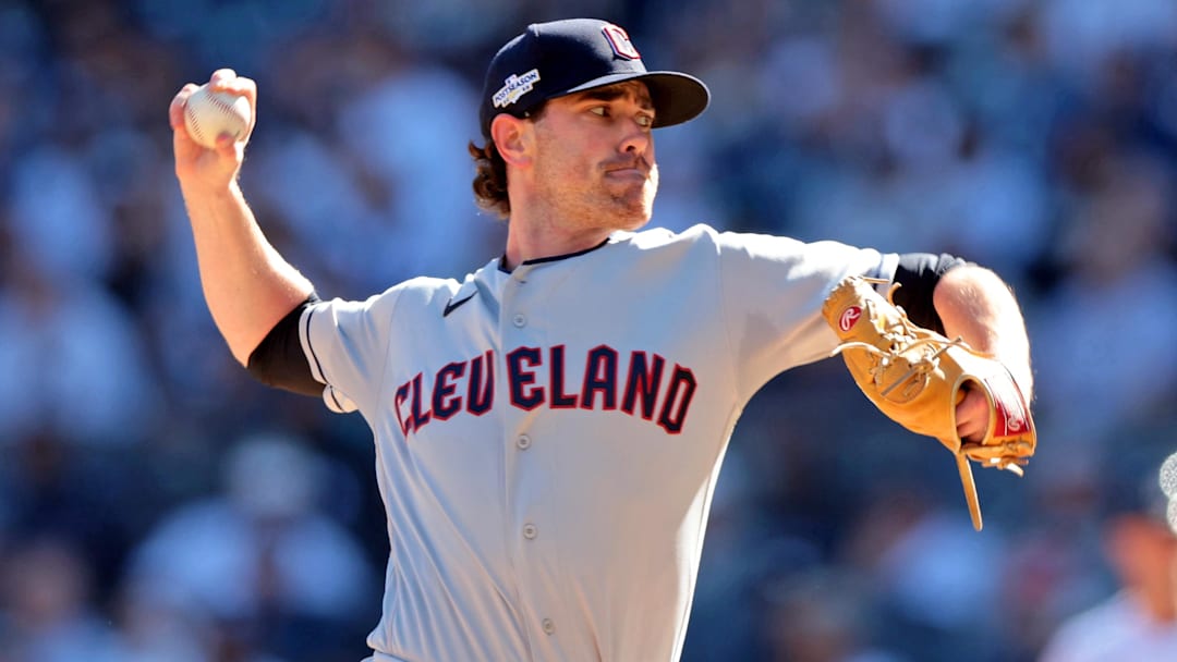Oct 14, 2022; Bronx, New York, USA; Cleveland Guardians starting pitcher Shane Bieber (57) pitches against the New York Yankees during the first inning in game two of the ALDS for the 2022 MLB Playoffs at Yankee Stadium. Mandatory Credit: Vincent Carchietta-Imagn Images