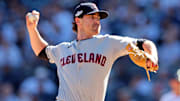 Oct 14, 2022; Bronx, New York, USA; Cleveland Guardians starting pitcher Shane Bieber (57) pitches against the New York Yankees during the first inning in game two of the ALDS for the 2022 MLB Playoffs at Yankee Stadium. Mandatory Credit: Vincent Carchietta-Imagn Images