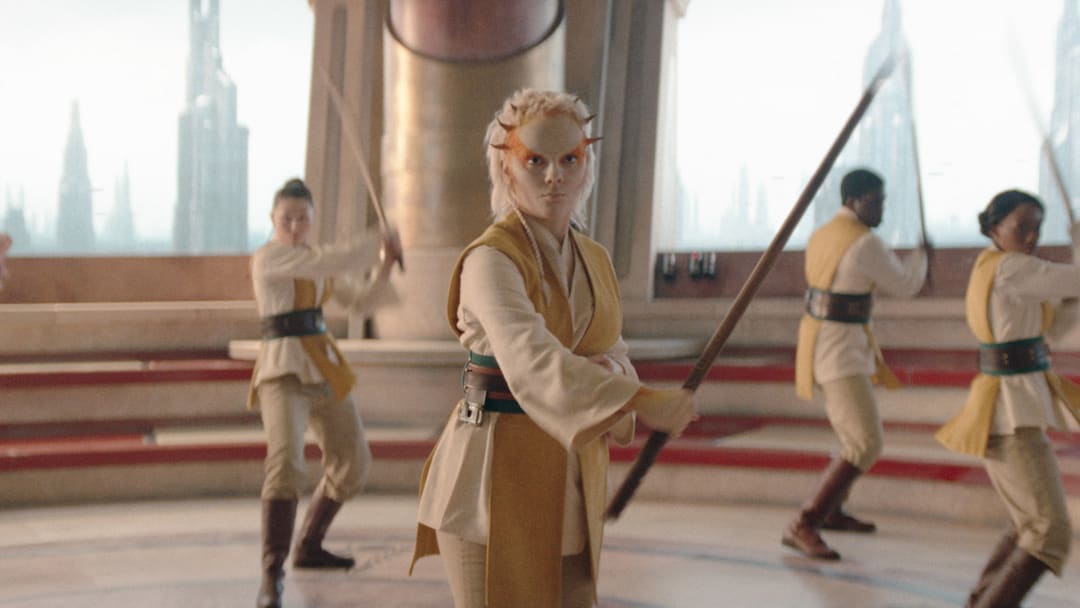 (Center): Jedi Padawan Jecki Lon (Dafne Keen) in Lucasfilm's THE ACOLYTE, exclusively on Disney+. ©2024 Lucasfilm Ltd. & TM. All Rights Reserved.