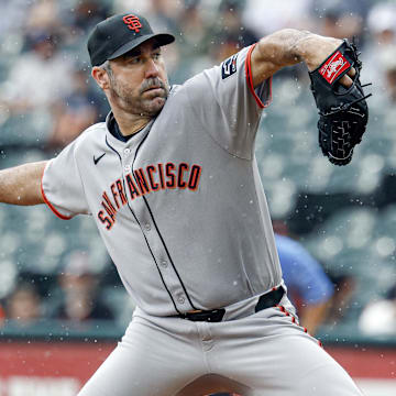 Jun 29, 2025; Chicago, Illinois, USA; San Francisco Giants starting pitcher Justin Verlander (35) delivers a pitch against the Chicago White Sox during the first inning at Rate Field.